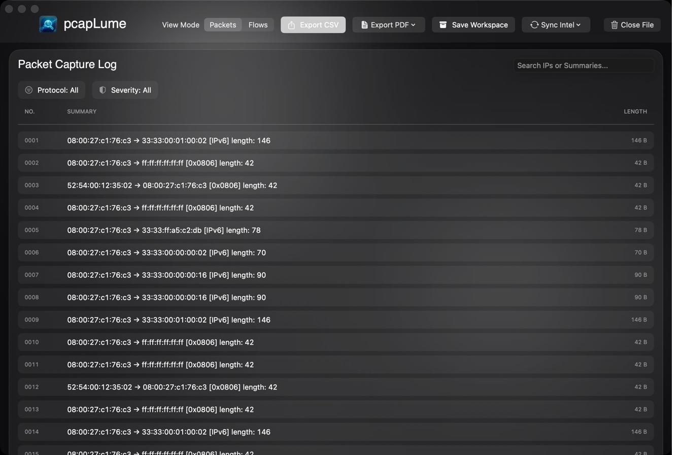 pcapLume packet capture log screenshot